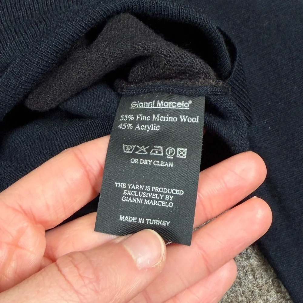 Navy Mock Neck Merino Wool Lightweight Sweater Men’s Large Suede Shoulder Patch